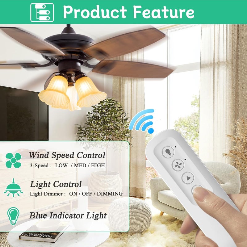 Prichor Replacement for Ceiling Fan Remote Control Kit with Light Dimmer, Compatible with Remote 99770 99772 99392 99122 99123 99600, Universal Remote Control with Receiver works for most 3 Speeds Ceiling Fan - Image 2